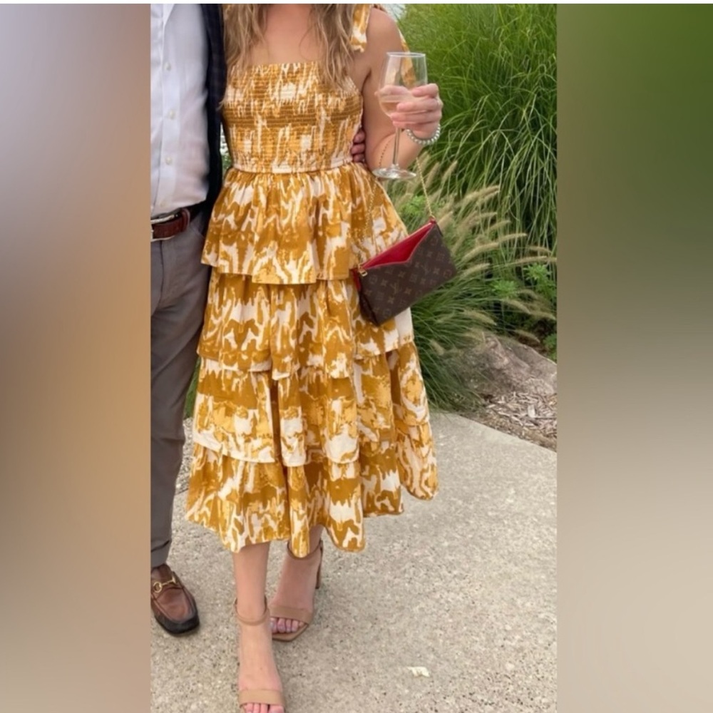 Cleobella Shae Tiered Yellow Brown Smocked Midi Dress.